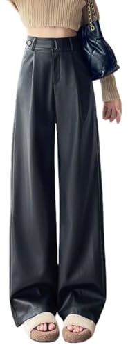 KWISUAWHGA Pantaloni in Ecopelle Per Donna Pantaloni in Pelle PU A Vita Alta Elastici Y2k Dritti A Gamba Larga Con Tasche,Nero,XXL
