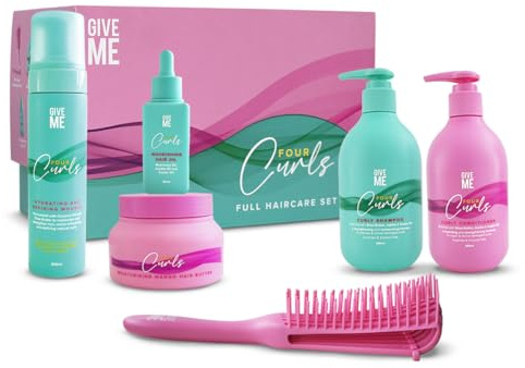 Give Me Cosmetics Four Curls Full Haircare Set, 6 Items, Shampoo and Conditioner Set with Hair Oil, Defining Mousse, Hair Butter & Detangle Brush, Sulphate & Silicone Free