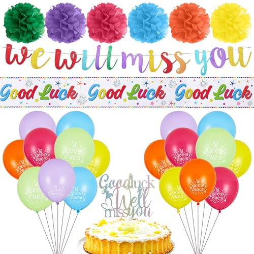 Chovbe Sorry Your Leaving Decorations We Will Miss You Banner - Good Luck Balloons, Hanging Paper Pompoms, Cake Topper - Retirement, Farewell, Graduation, Leaving Party Decorations for Colleagues