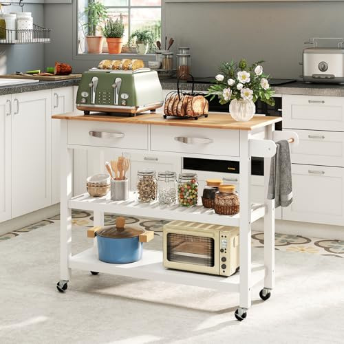 COSTWAY Köksvagn i trä, köksskåp med rullar, rullvagn med bänkskiva, 2 lådor, 2 öppna hyllor & handdukshållare, serveringsvagn för matsal & kök, 116 x 43 x 89 cm (Vit)