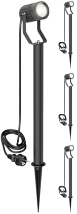 ledscom.de 4 SHINGA trädgårdsstrålkastare med markspett och 40 cm bas för utomhusbruk, IP65, stickpropp, svart, inkl. GU10 LED-lampa 1179lm, vit