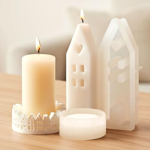 2 Piezas Moldes de Silicona para Velas, Circular Borde Casa + Casa 3D, Reutilizables Moldes Navidad Silicona para Yeso, Resina, Manualidades y Regalos
