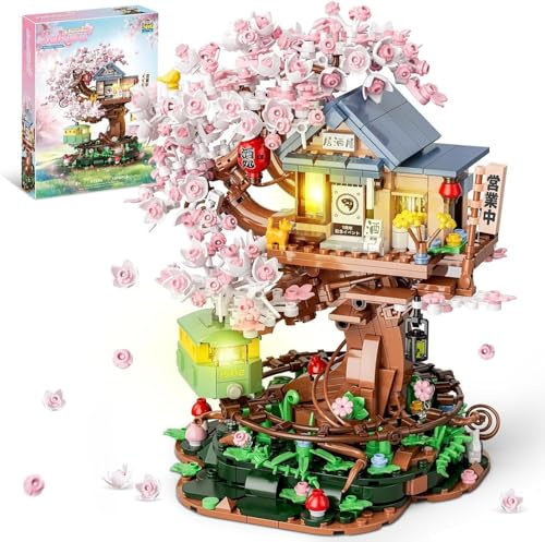 QGGQ Ideas Japan Izakayas Cherry Blossom Friends Tree House Building Blocks, Flower House Architecture Gift for 14+ Adults 1098PCS