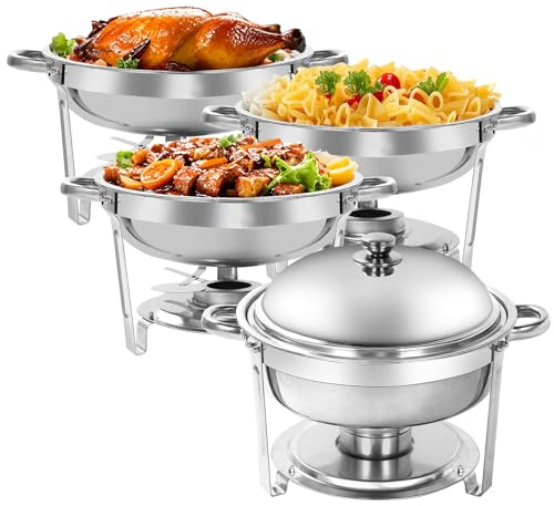 XYJBHB Chafing Dish Full Set, Round 6QT Stainless Steel Catering Chafer with Stainless Steel Lid, Buffet Food Warmers for Parties Events Weddings, Silver, 4 Pack