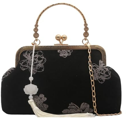 KMGDM Sofisticada bolsa de hombro con cadena con detalles de bordado único, ligero, práctico, cruzado para la noche, ocasión tradicional, bordado, Black