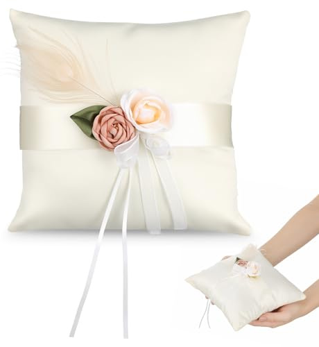 LOPUNER Cojín para anillos de boda en satén blanco, almohada con flores decorativas para proteger y sostener anillos en eventos especiales