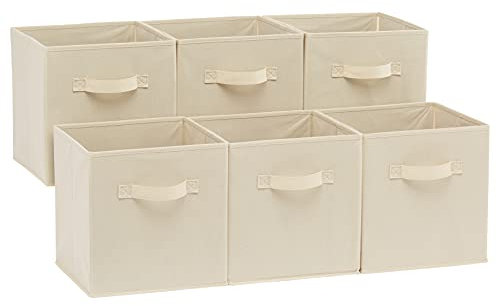 Amazon Basics zusammenklappbarer Aufbewahrungswürfel/Organizer aus Stoff mit Griffen, 26,6 x 26,6 x 27,9 cm, Einfarbig Beige, 6 Stück