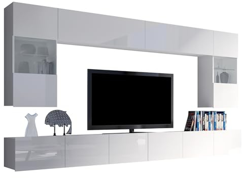 Mirjan24 Moderne Wohnwand Calabrini I, Anbauwand, Mediawand, Hängevitrine, TV Lowboard, Wandregal, Wohnzimmerschrank, Fernsehschrank (ohne Beleuchtung, Weiß/Weiß Hochglanz)
