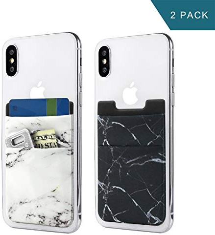 Newseego 2er Pack Handy Kartenhalter [Doppelschicht] Kartenhülle Stick on Wallet Kartenhalter Kartenetui Dehnbare Aufklebbare Handyfach für iPhone, Android Smartphone (Weiß & Schwarz Marmor)