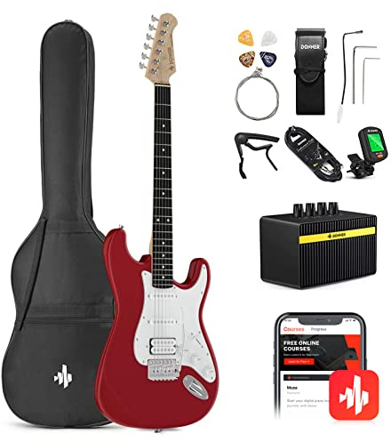 Donner 39 Inch Electric Guitar Beginner Kit Red Full-Size Starter Package HSS Pick Up with All Accessories Amp Online Lesson Bag Tuner Capo Strap String Amp Cable Picks DST-100R