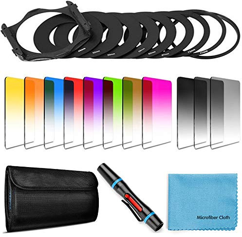14-teiliges quadratisches Filter-Set mit abgestuften ND-Filtern, Farblinsenfilter-Set für Cokin P-Serie Adapterringen (49–82 mm), Filterhalter, Objektivreinigungsstift und anderes Zubehör DSLR-Kameras