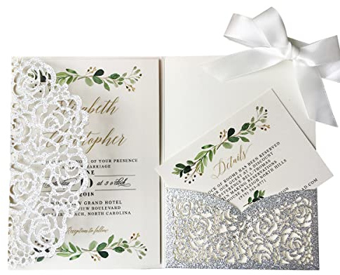 KUCHYNEE 20 pezzi Invito a nozze taglio laser argento con RSVP bowknot per biglietti di fidanzamento feste e inviti matrimonio (argento glitter)
