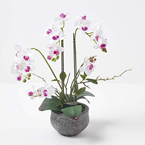 HOMESCAPES Artificial White Orchid in Pot 52 cm Tall Lifelike Faux Orchid Plant In Grey Cement Pot with Real Touch Silk Flowers and Green Leaves Phalaenopsis Orchid Flower for Indoor Decoration