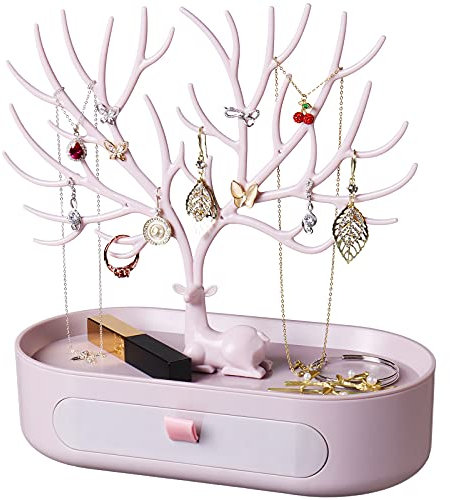 penobon Antler Jewellery Organiser Stand with Drawer, Plastic 3 in 1 Jewellery Holder for Earrings Necklaces Bracelets and Ring