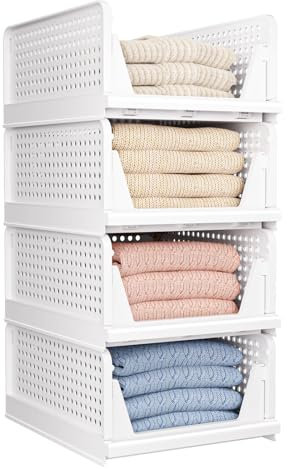 Paquete de 4 organizadores plegables para armario, cajas de almacenamiento apilables, cesta de plástico para cajones, armario, cocina, baño, oficina, color blanco.