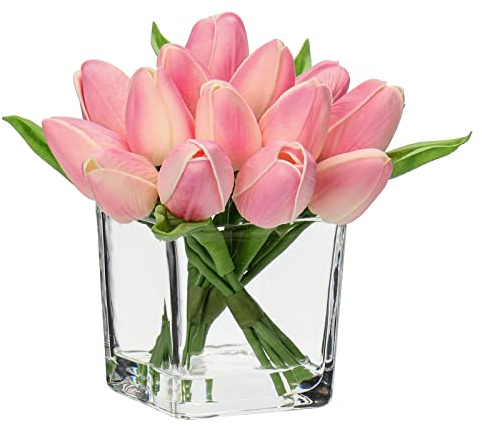 14 Tulpen Künstliche Tulpenblumen Kunstblumen Kunstblumen Echtes Gefühl, künstliche Latex-Tulpen in Glasvase Dekoration für Hochzeitsdekoration, Innen und Außen, Küche, Büro, Heimdekoration, Rosa Rosa