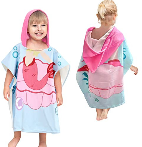 SUPGOMAX Kapuzen Badeponcho, Kind Poncho Handtuch, Baby Kapuzen Strandtücher, Cartoon Saugfähig Kinder Strandtuch, Kind Badetuch mit Kapuze für Strand Schwimmen Dusche (Meerjungfrau 2)