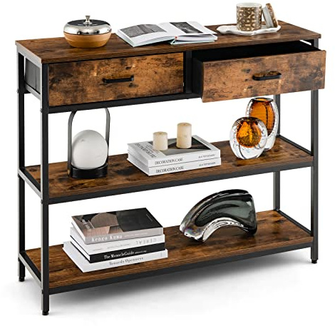 COSTWAY Tavolo Consolle in Legno con 2 Cassetti e Ripiani | Tavolino Multiuso e Salvaspazio per Corridoio, Soggiorno e Ingresso, 100 x 30 x 80cm, Marrone Rustico