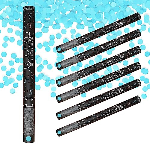 Lage Tubi Sparacoriandoli per Gender Reveal Party Bambino, Cannoni spara coriandoli Azzurri per Rivelare il sesso del Neonato, Confetti Cannon Celeste 60 cm Baby Shower Nascita Maschio – Set di 6 pz