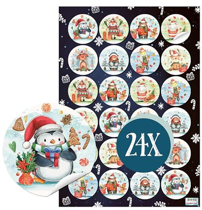 Weihnachtsaufkleber Tiere, 24 Stück: Aufkleber Weihnachten Klein, Weihnachtssticker Selbstklebend, Kleine Sticker Rund, Weihnachtliche Etiketten Geschenke, Basteln, Geschenkaufkleber Kinder, Ø 4 cm