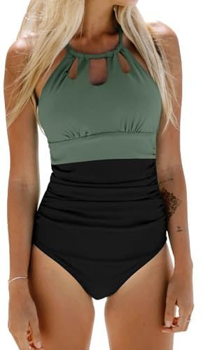CUPSHE Damen Badeanzug High Neck Zierausschnitt Bauchweg Raffungen Strandmode Einteilige Bademode Swimsuit Schwarz/Grün L