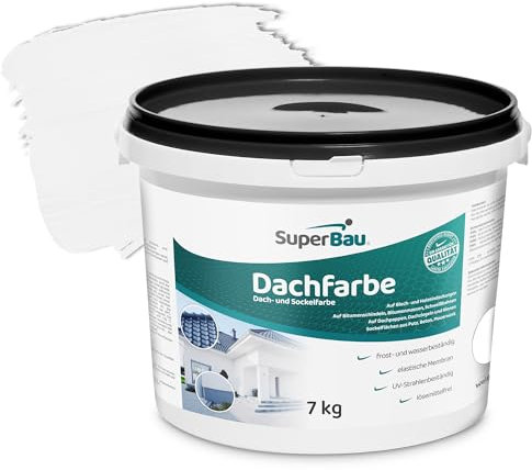 SuperBau Dachfarbe Weiß (7kg ca. 17,5m²) Sockelfarbe WASSERDICHT, Fassadenfarbe für Außen, Dachbeschichtung für Blechdach, Bitumen, Dachpappe, Schindeln, Putz