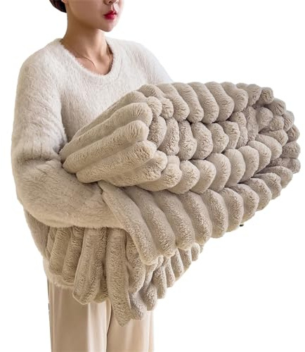 Baketron Kuscheldecke Kaninchen Plüsch, Kunstpelz Fleece, Flauschig Weich Dicke Decke für Bett Sofa Couch Schlafzimmer Tagesdecke (Khaki 180x200cm)