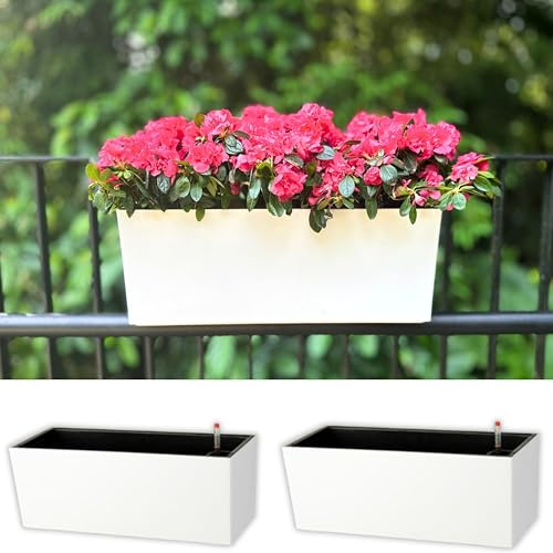 LaLaGreen - Maceta con riel para balcón al aire libre (20 pulgadas, 2 unidades), macetas grandes blancas con riego, barandilla de cubierta con soportes, valla rectangular de plástico, caja de flores a