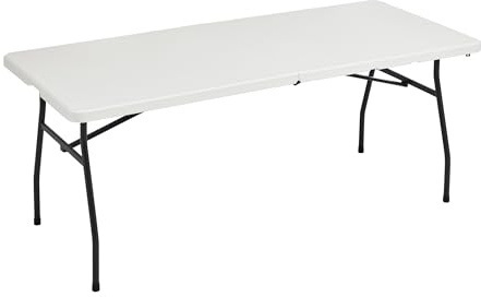 Amazon Basics 6 Foot Rectangular Folding Table with Carrying Handle, Indoor & Outdoor, Portable, Lightweight, Travel Table, Picnic, Camping, White, 182 x 75 x 73 cm