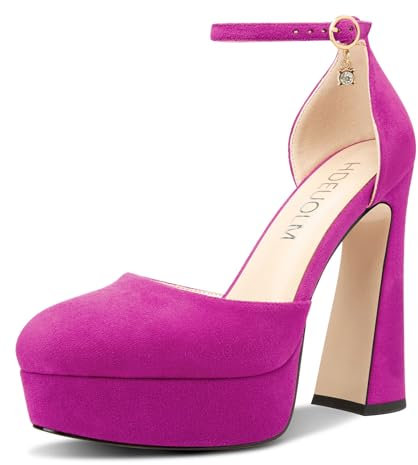 HDEUOLM Mujer Chunky Ancho Alto High Plataforma Heel Redonda Punta Pumps Correa Tobillo Cierre con Hebilla Fiesta Cute 13.5 CM Heels Fucsia 40 EU