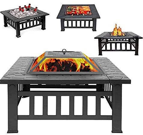 NOALED Foyer extérieur à Bois de 32 Pouces, Grand brasero rectangulaire en métal, Bol de brasero de Table avec Pare-étincelles et tisonnier, pour feu de Joie de Camping