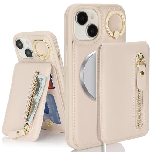 SailorTech iPhone 15 Case with Card Holder, Magsafe Ring Stand, Kickstand, Card Slots, Wireless Charging Compatible - Apricot