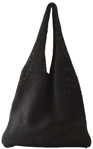 Bolso de hombro de paja para mujer,bolso de la compra de ganchillo grande de malla de verano para playa (Negro)