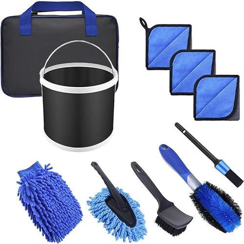 FENGZHU 10 Pcs Car Cleaning Kit with Storage Bag, Detailing Brush Set, Car Washing kit with 9L Foldable Bucket, Car Wash Kit Interior & Exterior,Detailing & Wheel Brush, Drying Towel, Wash Mitt