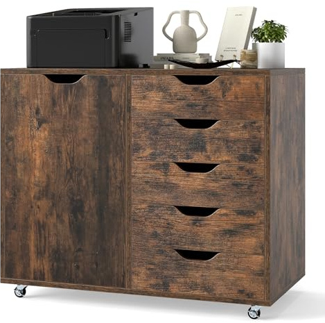 COSTWAY Rullbehållare med 5 lådor, mobilt arkivskåp med dörr, bänkskiva och hjul, rullvagn, lådskåp, modernt för kontor, vardagsrum, 79 x 39 x 65 cm (brun)