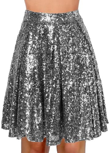 Glitzernder Damenrock für 2025 Feierlichkeiten, täglich, elegant, einfarbig, Vintage-Taille, Faltenrock, zierliche Röcke für Damen, grau, L