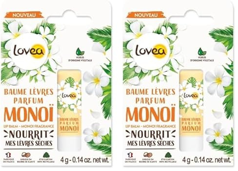 LOVEA - Baume À Lèvres - Parfum Monoï - Apaise, Nourrit & Adoucit - Pour Lèvres Sèches - Enrichi Au Beurre De Karité - À Base D'Huiles D'Origine Végétale - Fabriqué En France - 4 g (Lot de 2)