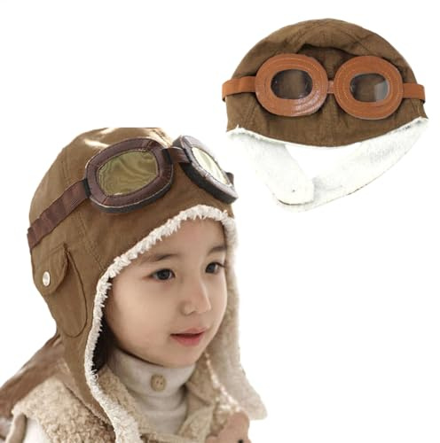 Raypontia 2 simpatici cappelli da pilota, per bambini, da aviatore, con occhiali, da pilota, con paraorecchie e occhiali da bambino, marrone