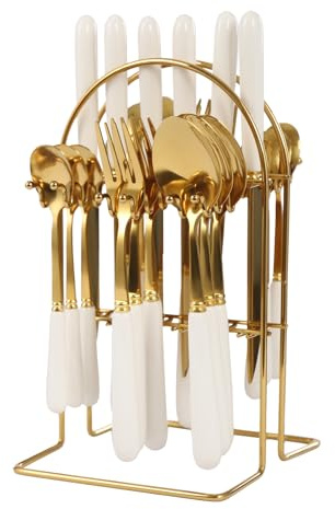 24-Piece Cutlery Set with Storage Stand, Stainless Steel Silverware & Ceramic Handles, Gold + White Design for Home Restaurants Dinner Parties