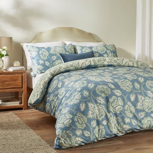 Juego de Funda nórdica Camellia de Quilt Day: Ropa de Cama Reversible con Estampado Floral, Flores tranquilas y Tela Suave al Tacto (Azul francés - Cama Doble)