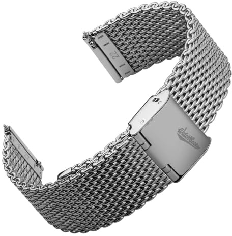 WatchGecko Classic Mesh Watch Strap, Polished or Satin Brushed Finish, 18-22mm. Men's Replacement Stainless Steel Band. Quick Release Spring Bars for Easy Changes