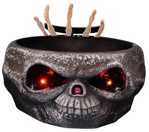 Gobesty Halloween Schale Elektrisch, Halloween Süßigkeiten Schale, Halloweens Schüssel Animiert mit beweglicher Skeletthand, Licht Red Eye und Sound, Halloweens Deko Bewegungsmelder