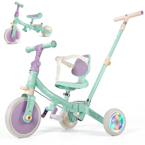 VITONIS Triciclo 5 in 1 per bambini dai 18 mesi ai 3 anni, con ruote lampeggianti, maniglione di spinta, schienale e cintura di sicurezza, regalo per bambini e bambine, bicicletta senza pedali, verde