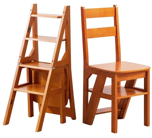 Klappleiter aus Holz, 4-stufiger Bibliotheksstuhl und Hocker, Doppelnutzungsleiter zum Klettern und Ausstellen, stabiler Pflanzenständer, braun, 46 x 35 x 90 cm, perfekt für Heimdekoration