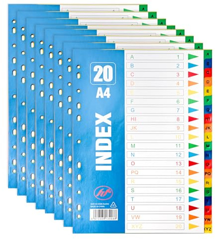 File Dividers A4,【8Pack】 20 Part Folder Dividers，A-Z Coloured Plastic A4 Dividers,11-Holes Files, for Lever Arch Files Ring Binders Office School Index Dividers (A-Z(8pack))
