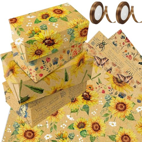ZenyTra Geschenkpapier Set - 6 Blätter Insekten & Blumen Design (50x70 cm) mit 44m Geschenkband, Vintage Geschenkpapier für Geburtstag, Hochzeit, Frühling Sommer Festival, Boho Verpackungspapier