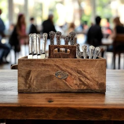 Fyne-Finds Mango Wood Cutlery Stand with Handle Kitchen Dining Table Caddy Utensils Holder Organizer
