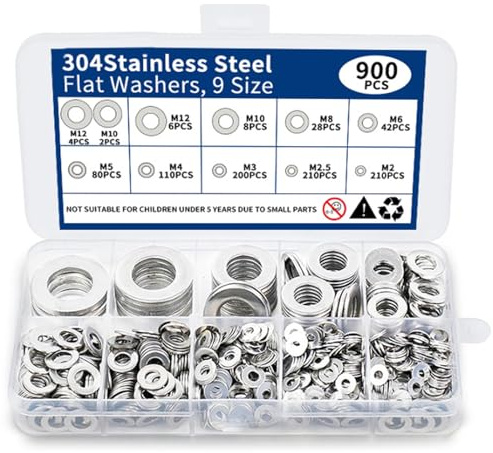 900Pcs Washers for Screws, Maslasee Stainless Steel Flat M2/M2.5/M3/M4/M5/M6/M8/M10/M12 9 Sizes Metal Washers for Bolts Hardware Assortment Set for Home Repair Construction