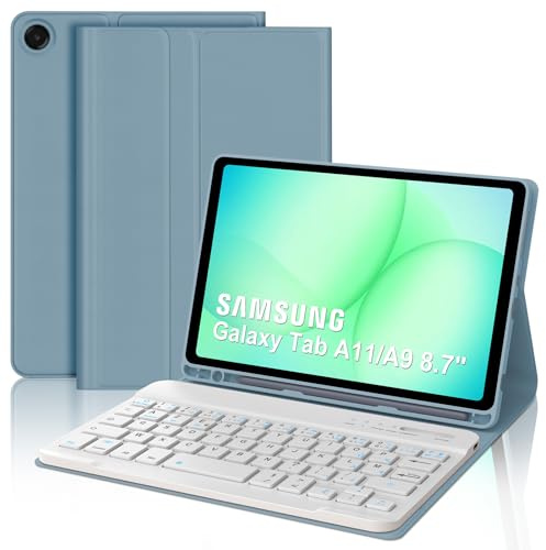 Occtingkind Coque Clavier pour Samsung Galaxy Tab A11/A9 8.7 Pouces, AZERTY Français Housse Clavier Bluetooth Détachable avec Porte Crayon pour Tablette Samsung Galaxy Tab A11/A9 8.7 2025/2023, Bleu