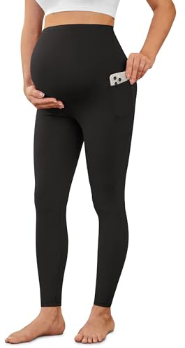 BAYDI Creamlush Dam, mammaleggings med ficka, hög midja, gravidleggings, mjuka, elastiska, mammamode, hemma, yoga, 1 pack – svart, L